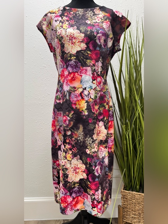 Beige by eci Dresses & Skirts - Beige by eci Floral Midi Dress in Black with Pink, Red and Cream Floral Size 8